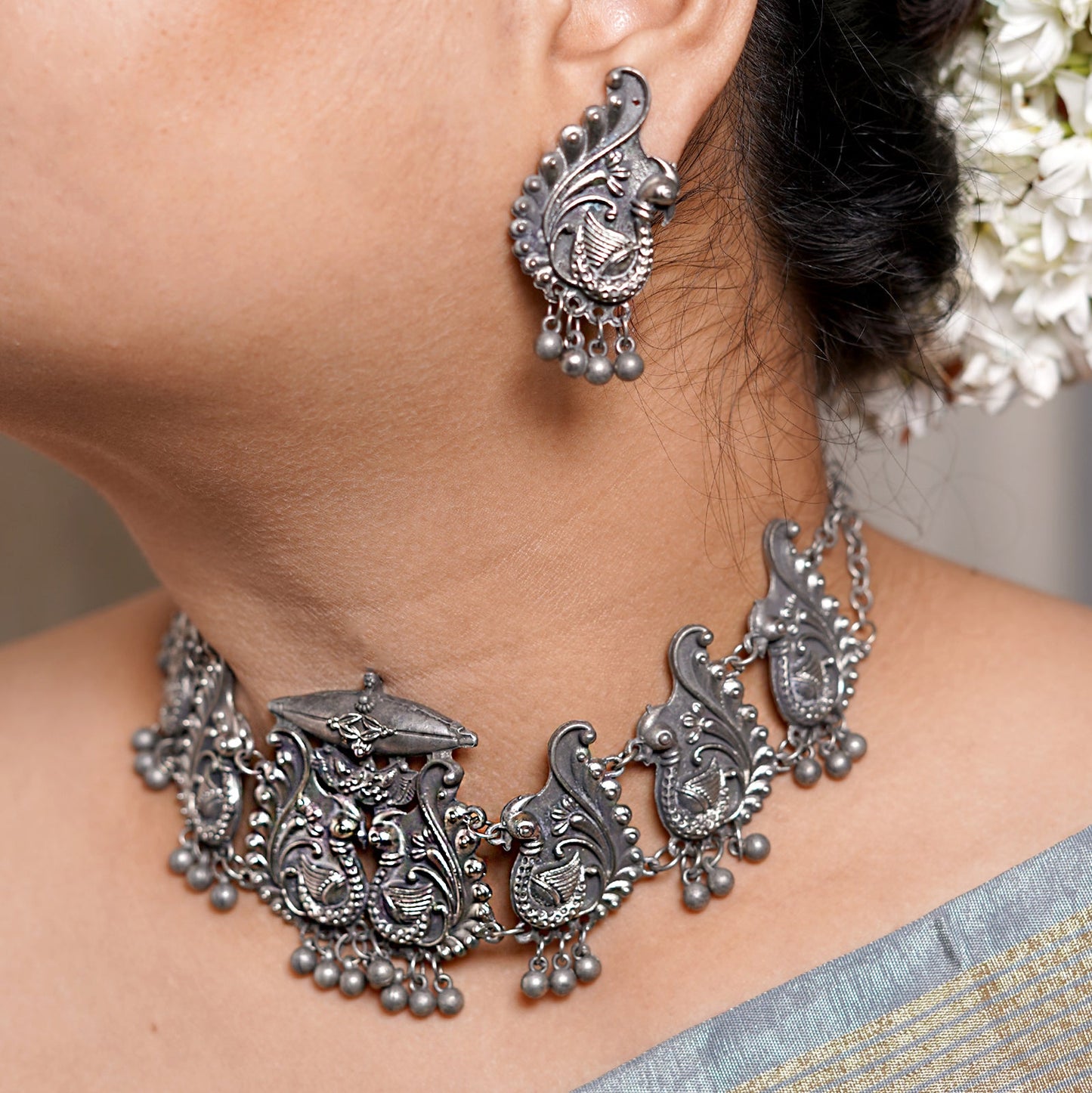 Teejh Suhani Peacock Silver Oxidised Necklace Set