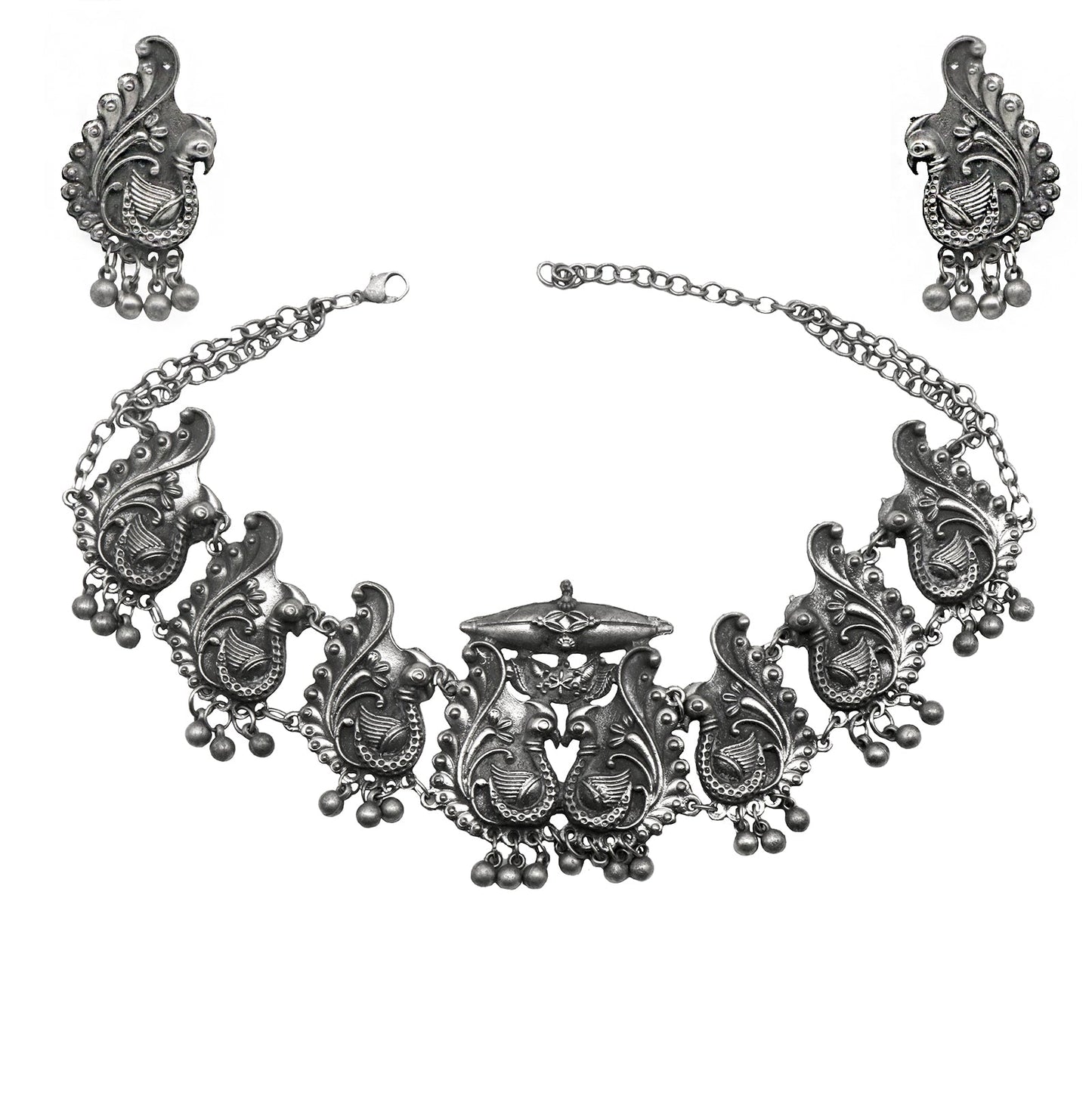 Teejh Suhani Peacock Silver Oxidised Necklace Set