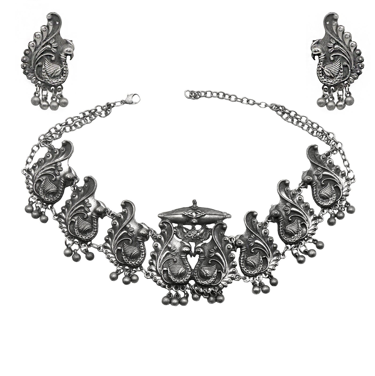 Teejh Suhani Peacock Silver Oxidised Necklace Set