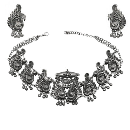 Teejh Suhani Peacock Silver Oxidised Necklace Set