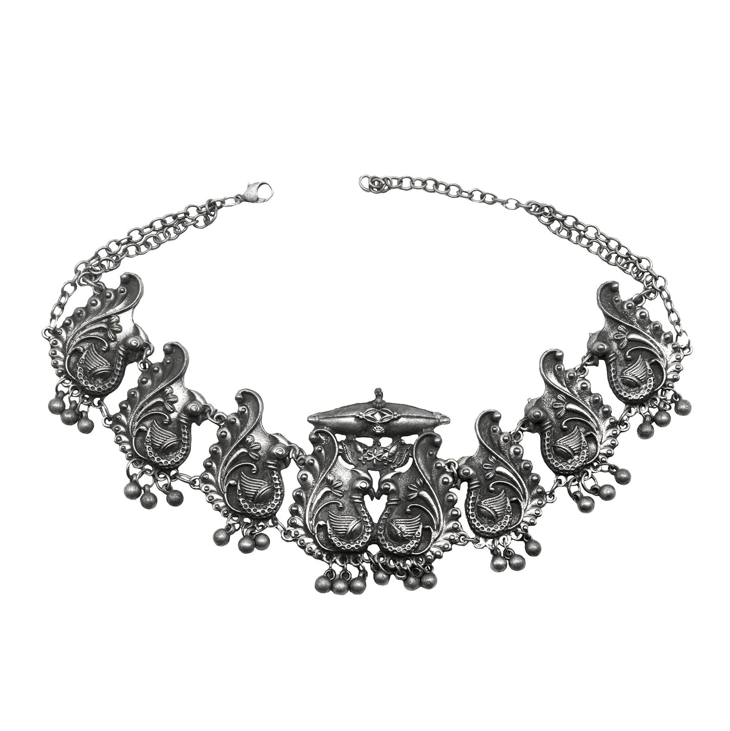 Teejh Suhani Peacock Silver Oxidised Necklace Set