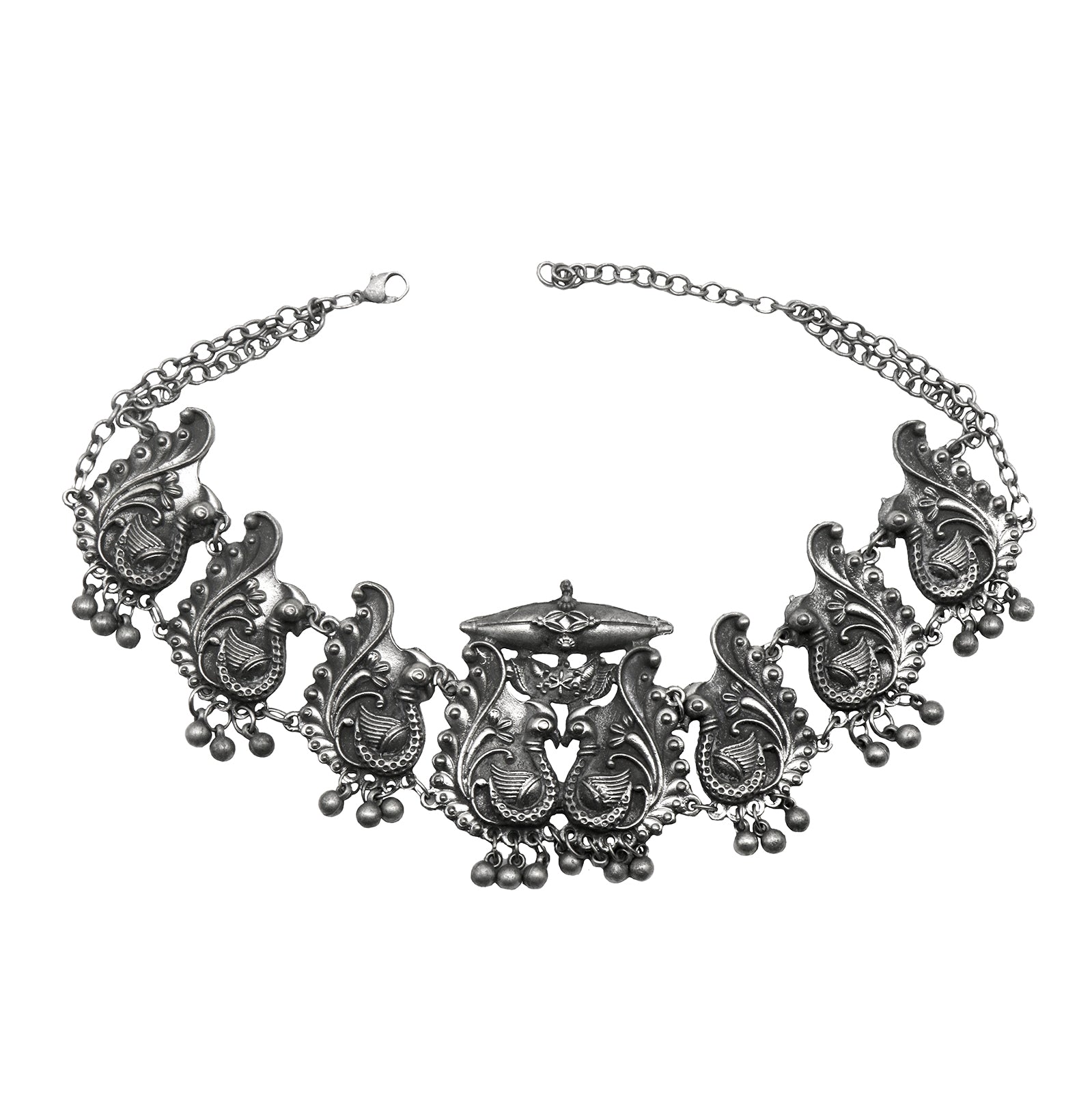 Teejh Suhani Peacock Silver Oxidised Necklace Set