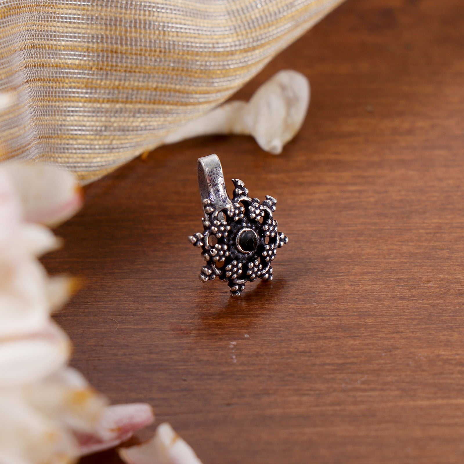 Teejh Gauri Black Stone Floral Nose pin