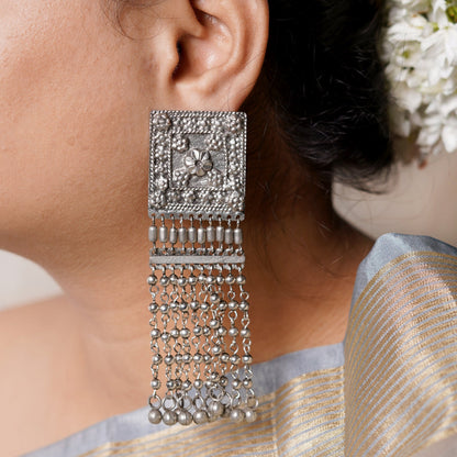 Teejh Sneha Square Motif Silver Ghungroo Oxidised Earrings