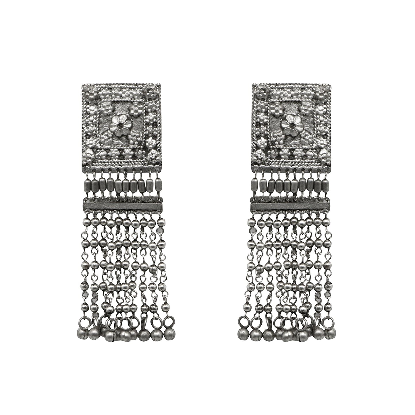 Teejh Sneha Square Motif Silver Ghungroo Oxidised Earrings