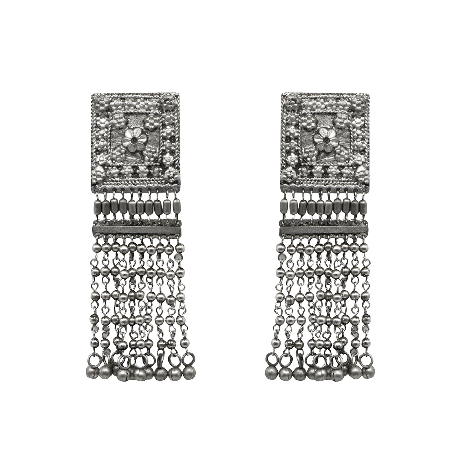 Teejh Sneha Square Motif Silver Ghungroo Oxidised Earrings