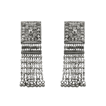Teejh Sneha Square Motif Silver Ghungroo Oxidised Earrings