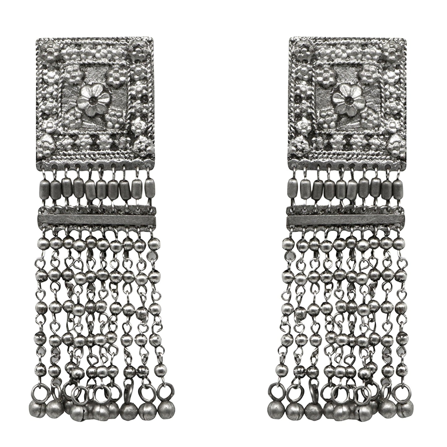 Teejh Sneha Square Motif Silver Ghungroo Oxidised Earrings