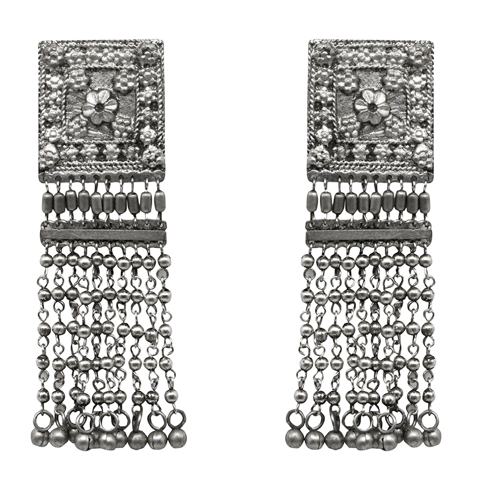 Teejh Sneha Square Motif Silver Ghungroo Oxidised Earrings