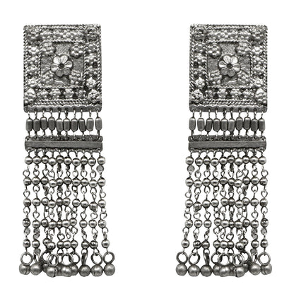 Teejh Sneha Square Motif Silver Ghungroo Oxidised Earrings