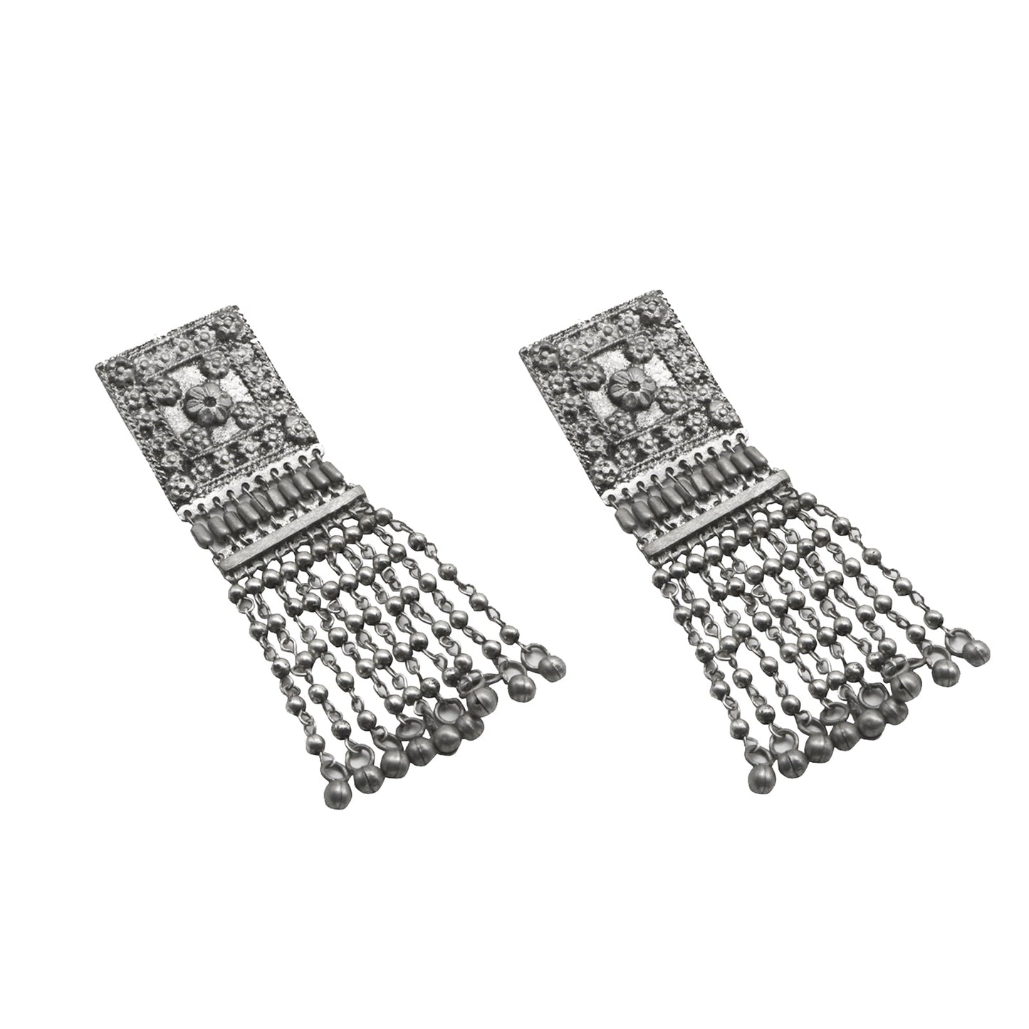 Teejh Sneha Square Motif Silver Ghungroo Oxidised Earrings