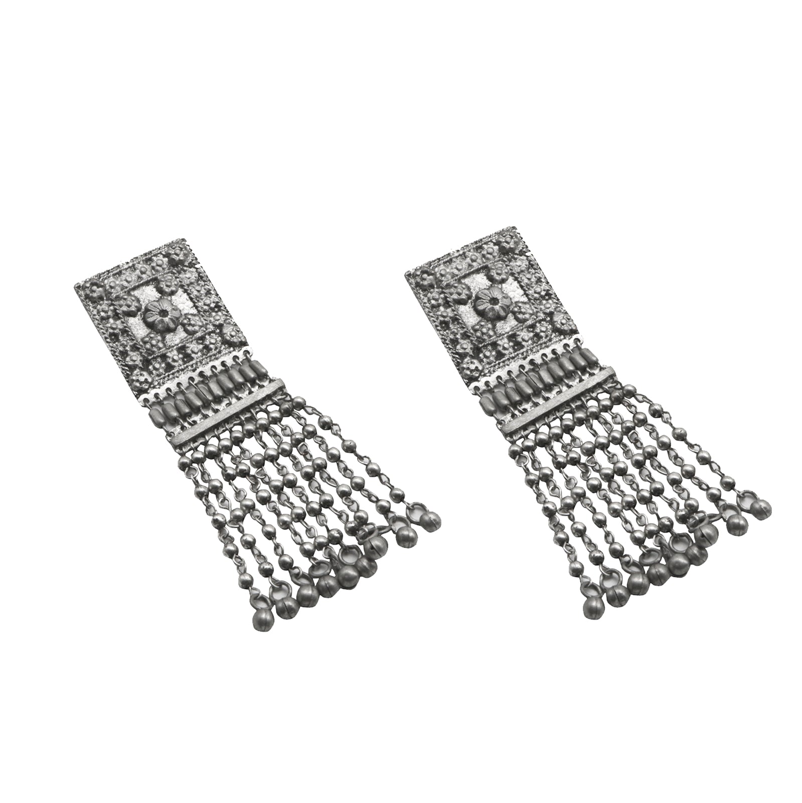Teejh Sneha Square Motif Silver Ghungroo Oxidised Earrings