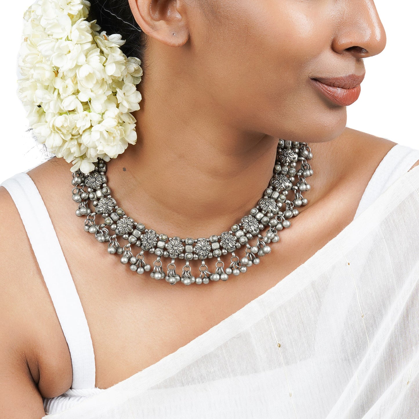 Teejh Jiya Floral Silver Oxidised Ghungroo Necklace
