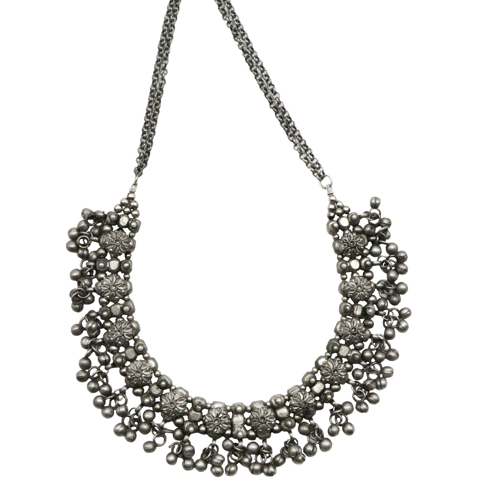 Teejh Jiya Floral Silver Oxidised Ghungroo Necklace