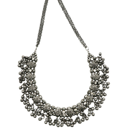 Teejh Jiya Floral Silver Oxidised Ghungroo Necklace