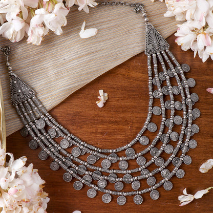 Teejh Ksheya Layered Silver Oxidised Necklace