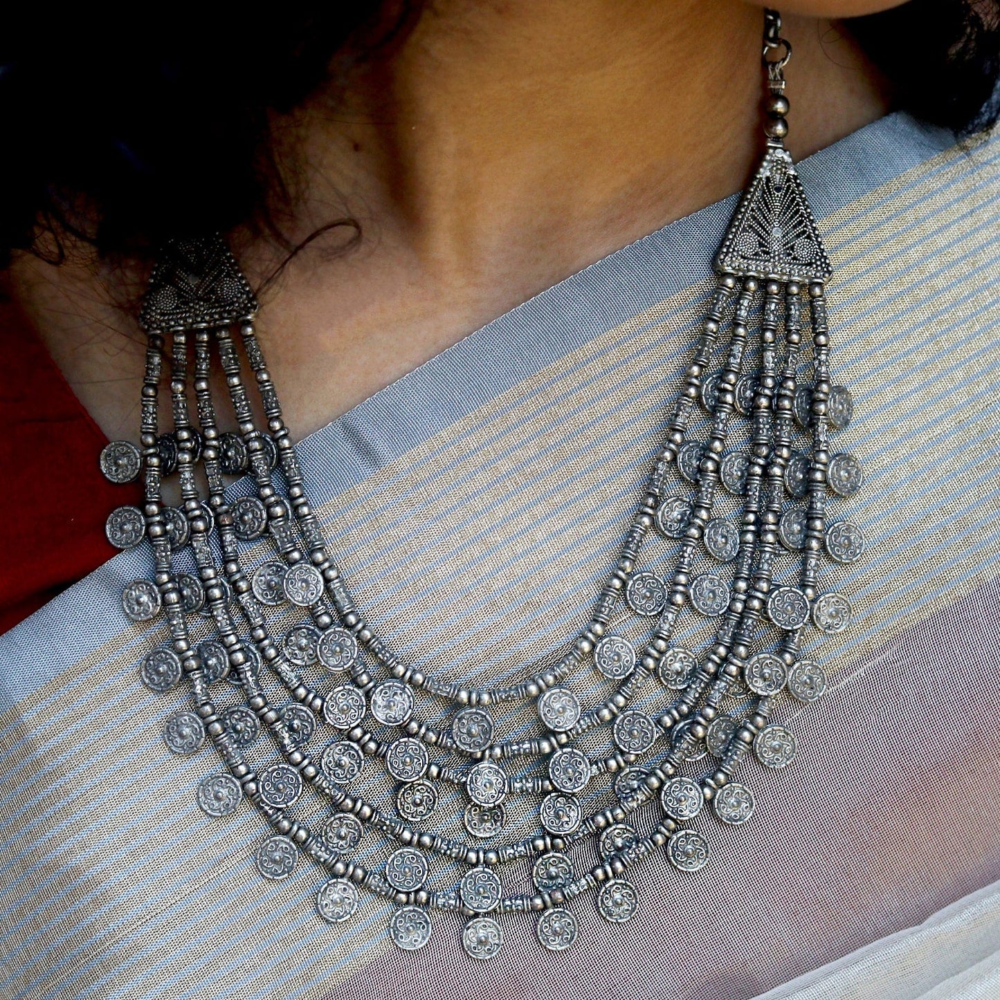 Teejh Ksheya Layered Silver Oxidised Necklace