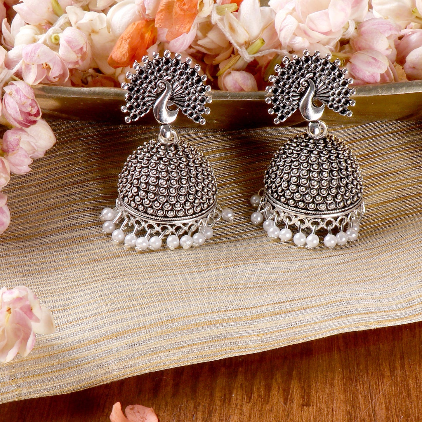 Teejh Kalapi White Silver Oxidized Pearl Jhumki