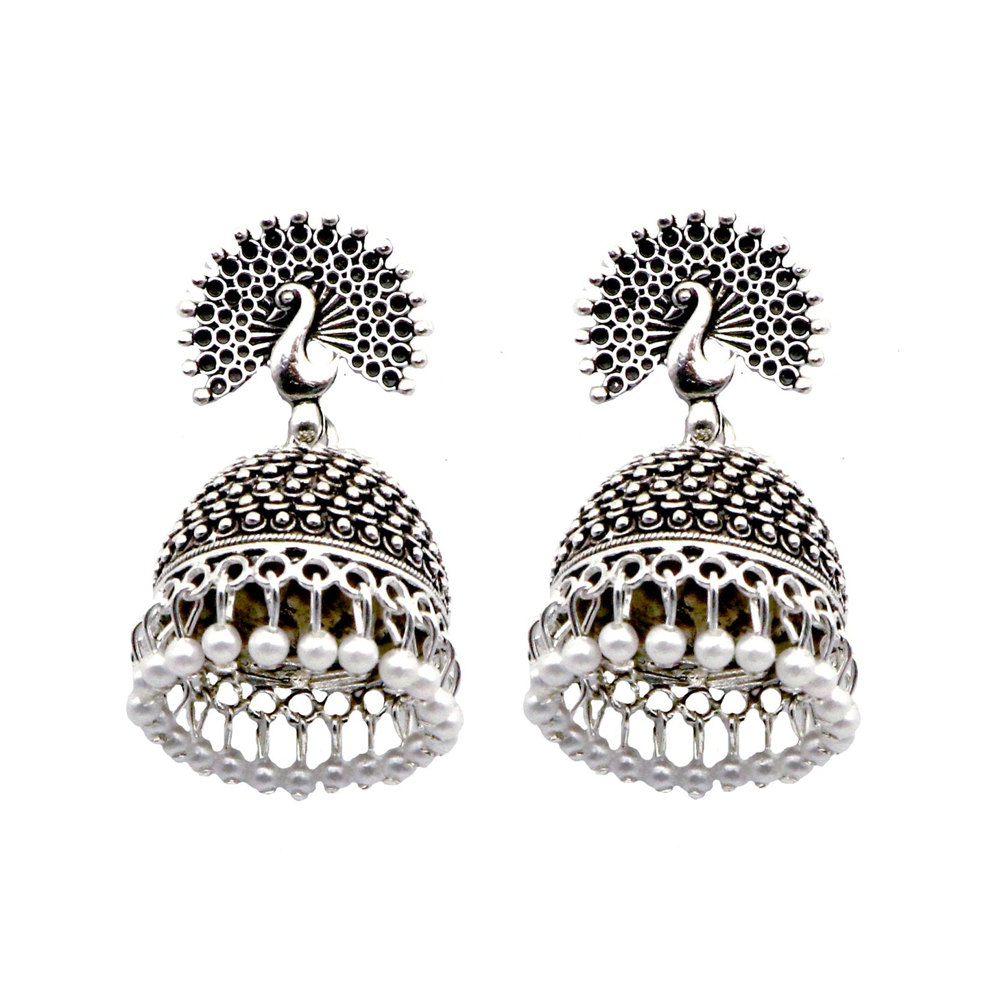 Teejh Kalapi White Silver Oxidized Pearl Jhumki