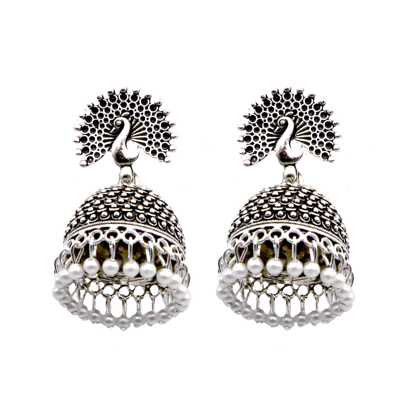 Teejh Kalapi White Silver Oxidized Pearl Jhumki