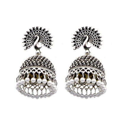 Teejh Kalapi White Silver Oxidized Pearl Jhumki