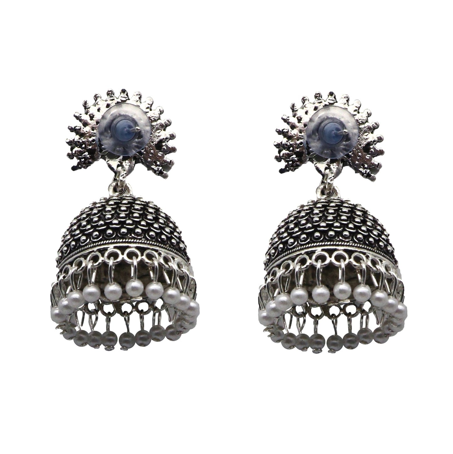 Teejh Kalapi White Silver Oxidized Pearl Jhumki