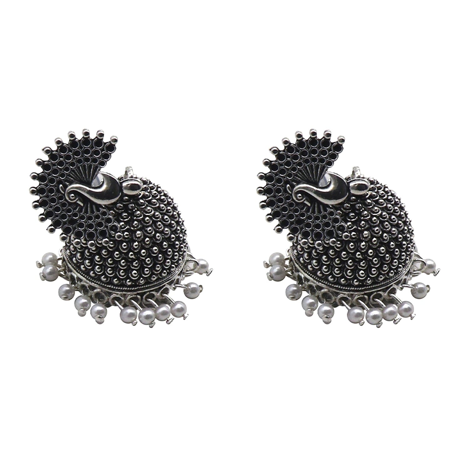 Teejh Kalapi White Silver Oxidized Pearl Jhumki