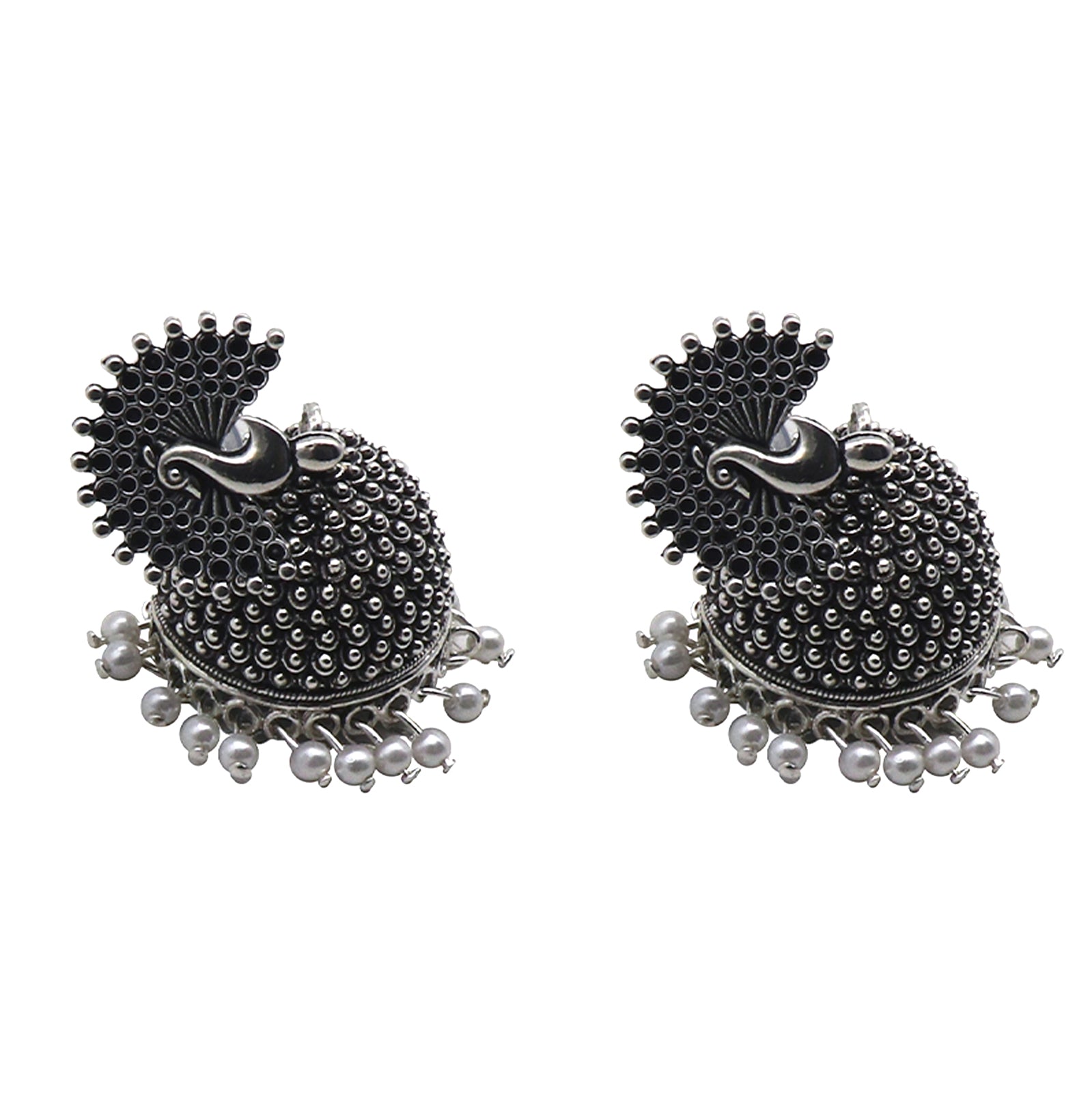 Teejh Kalapi White Silver Oxidized Pearl Jhumki
