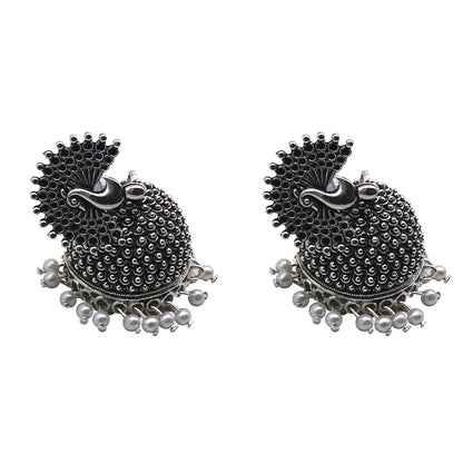 Teejh Kalapi White Silver Oxidized Pearl Jhumki