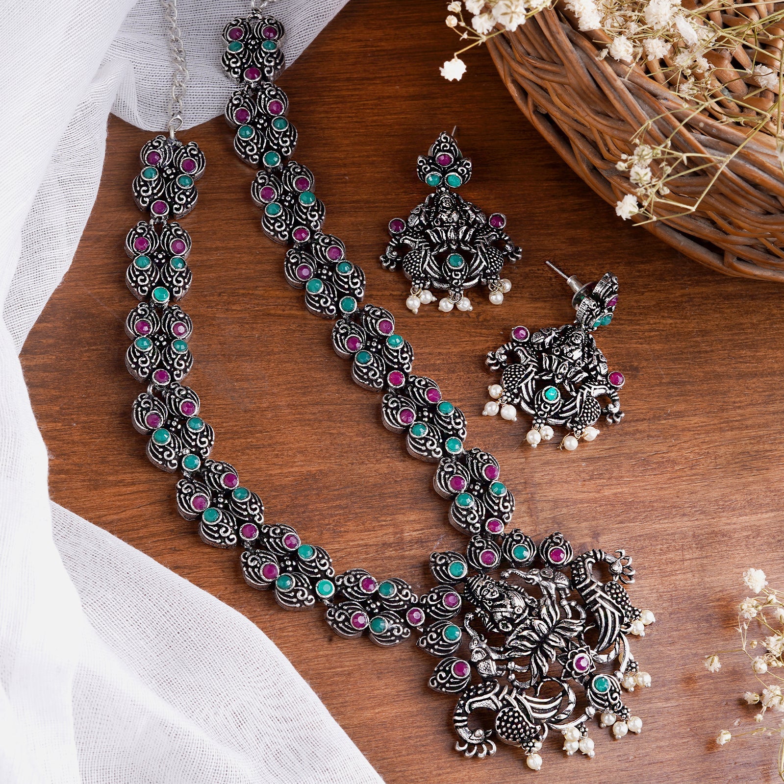 Teejh Ridhi Multi Colored Temple Work Necklace Set