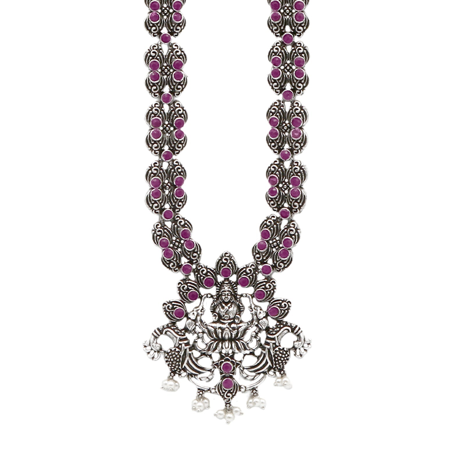 Teejh Saanvi Red Stone Temple Work Necklace Set