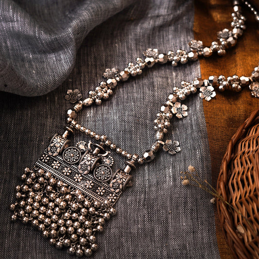 Teejh Nihan Silver Oxidised ghungroo Long necklace