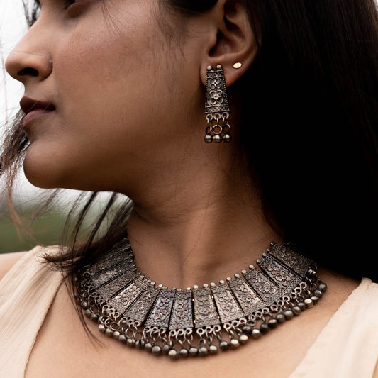 Teejh Mihira Silver Oxidised Choker Necklace Set