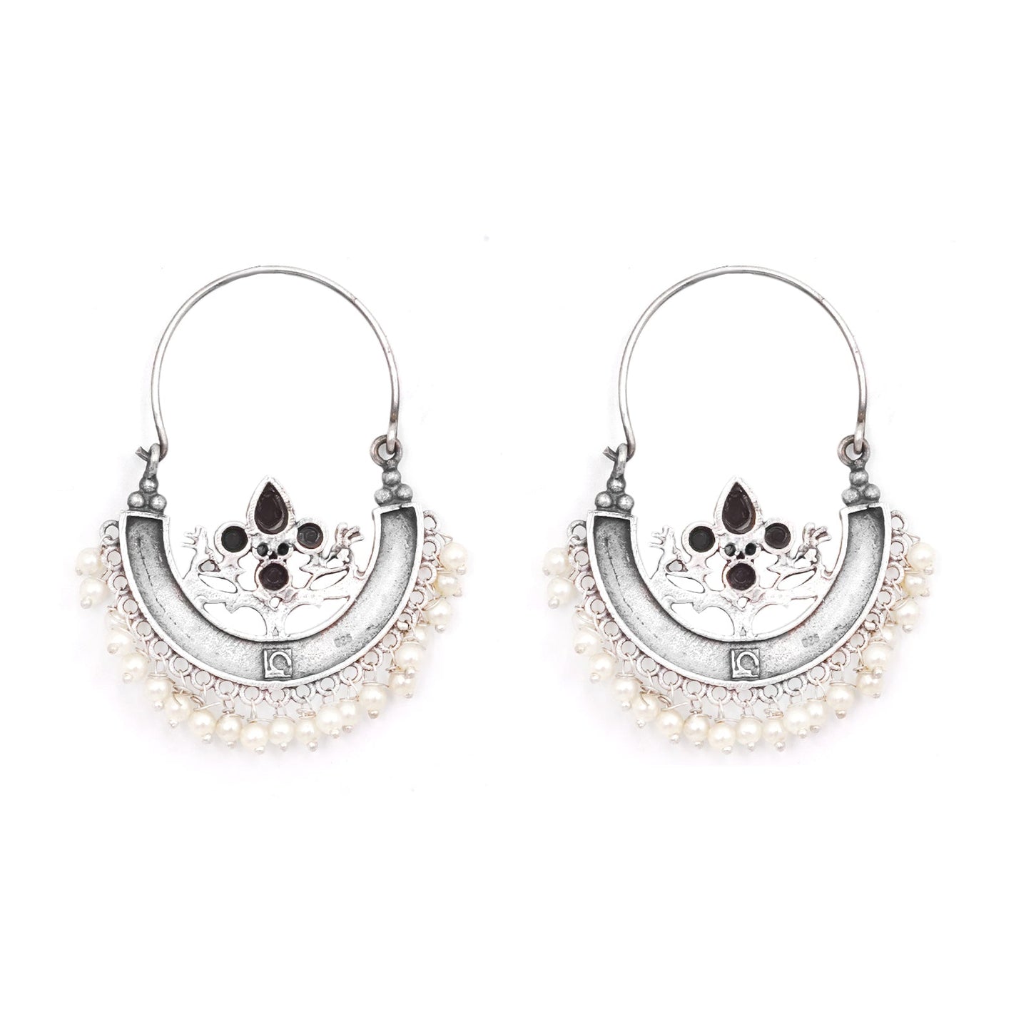 Teejh Saara Floral Black Stone Hoop Earrings