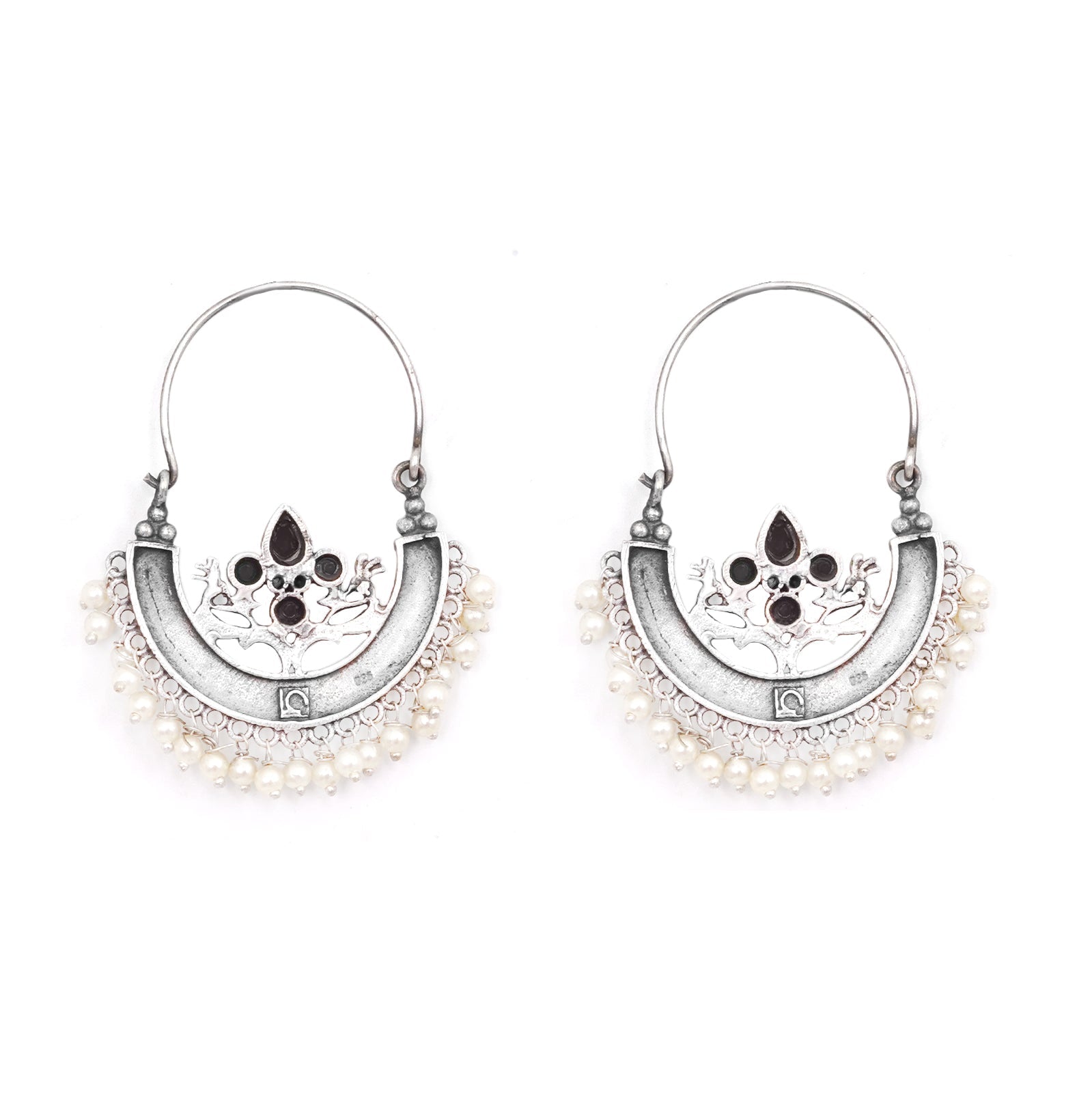 Teejh Saara Floral Black Stone Hoop Earrings