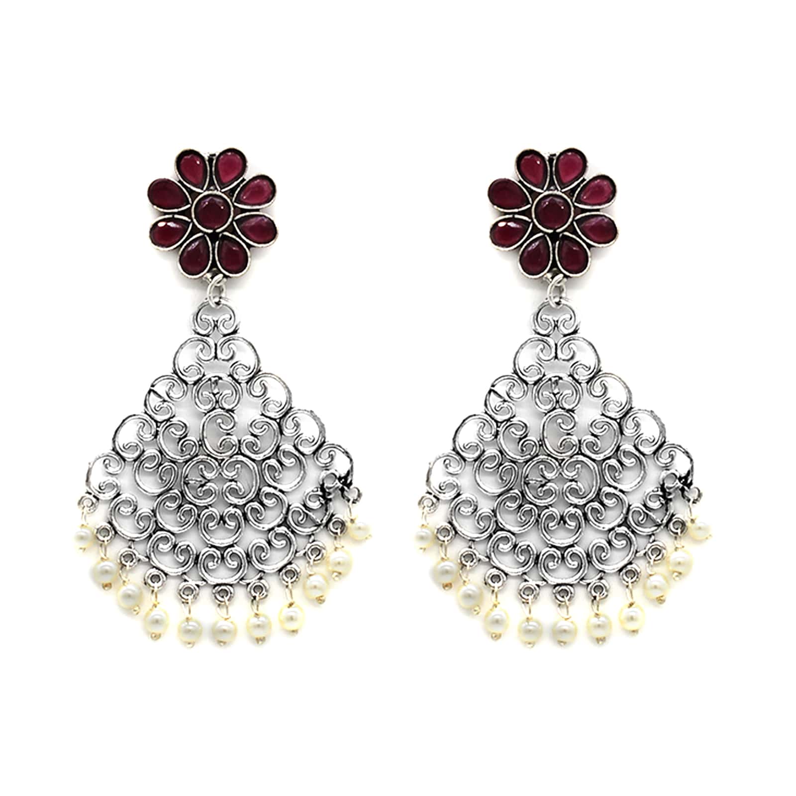 Jali Red Filigree Pearl Earrings - Teejh