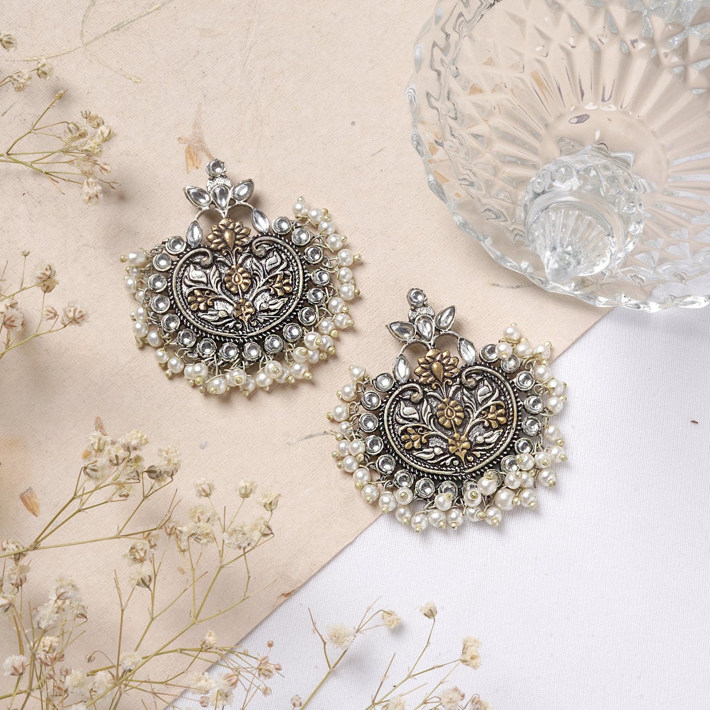 Dual tone Pearl Chandbali Earrings