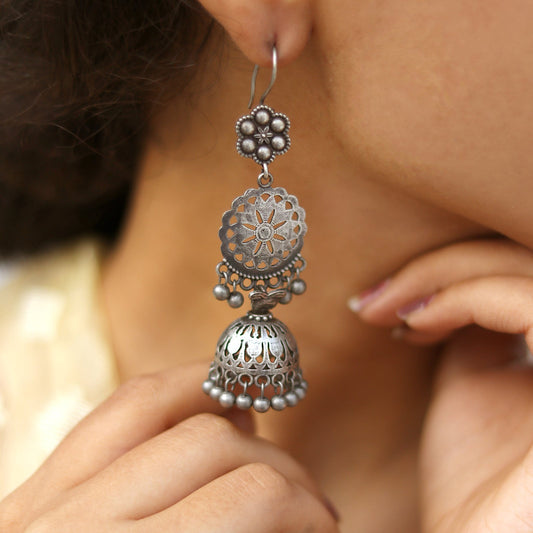 Teejh Anushreya Floral Silver Oxidised Jhumki
