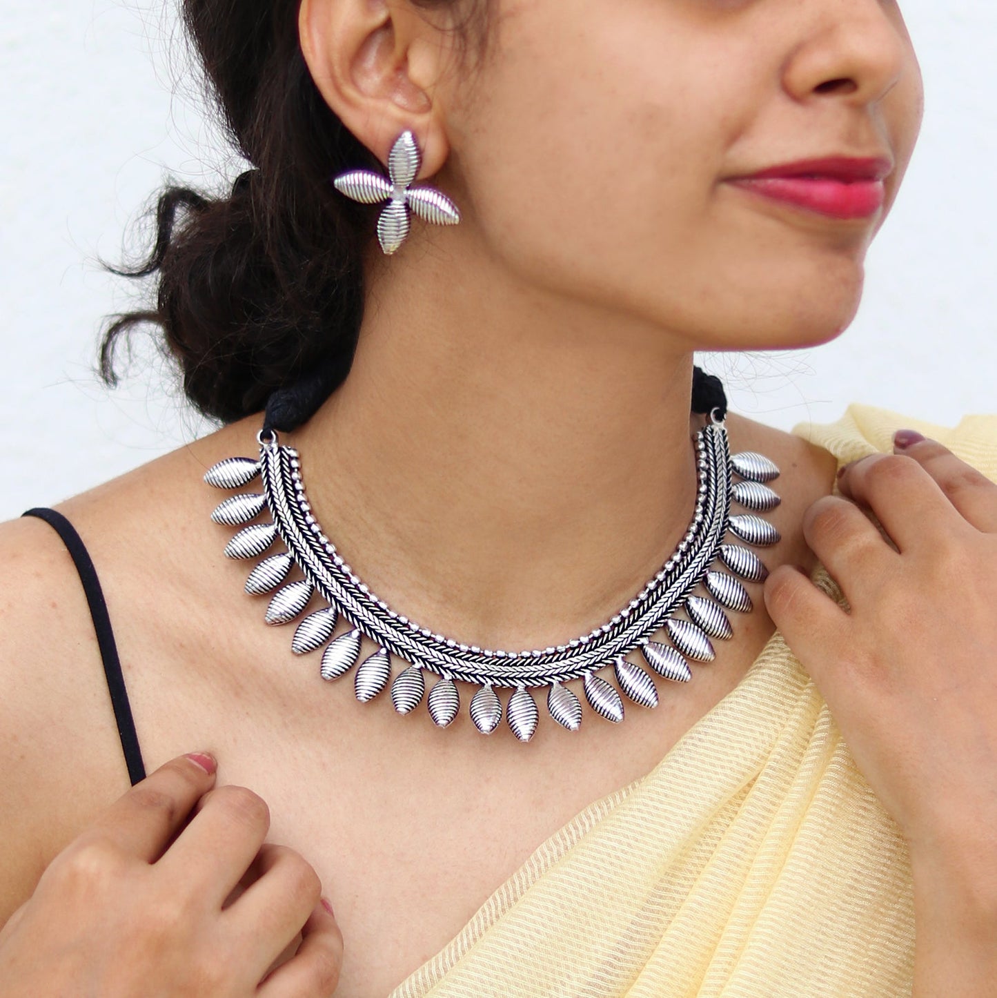 Teejh Mazba Leaf Silver Oxidised Choker Necklace Set