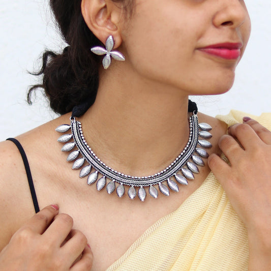 Teejh Mazba Leaf Silver Oxidised Choker Necklace Set