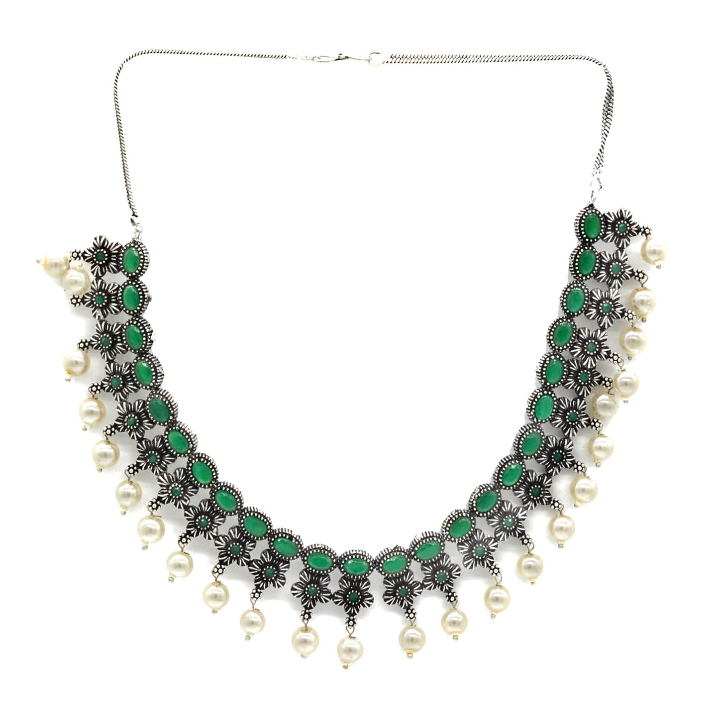 Ekladh Green Stone Silver Pearl Necklace Set - Teejh