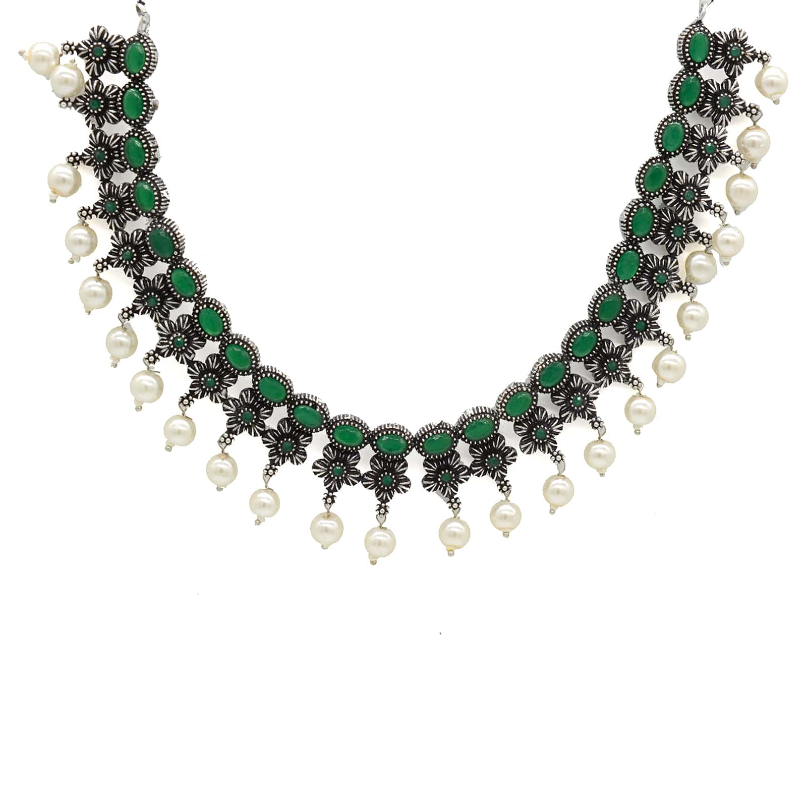 Ekladh Green Stone Silver Pearl Necklace Set - Teejh
