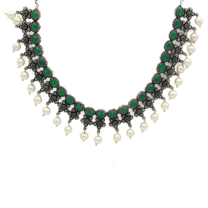 Ekladh Green Stone Silver Pearl Necklace Set - Teejh