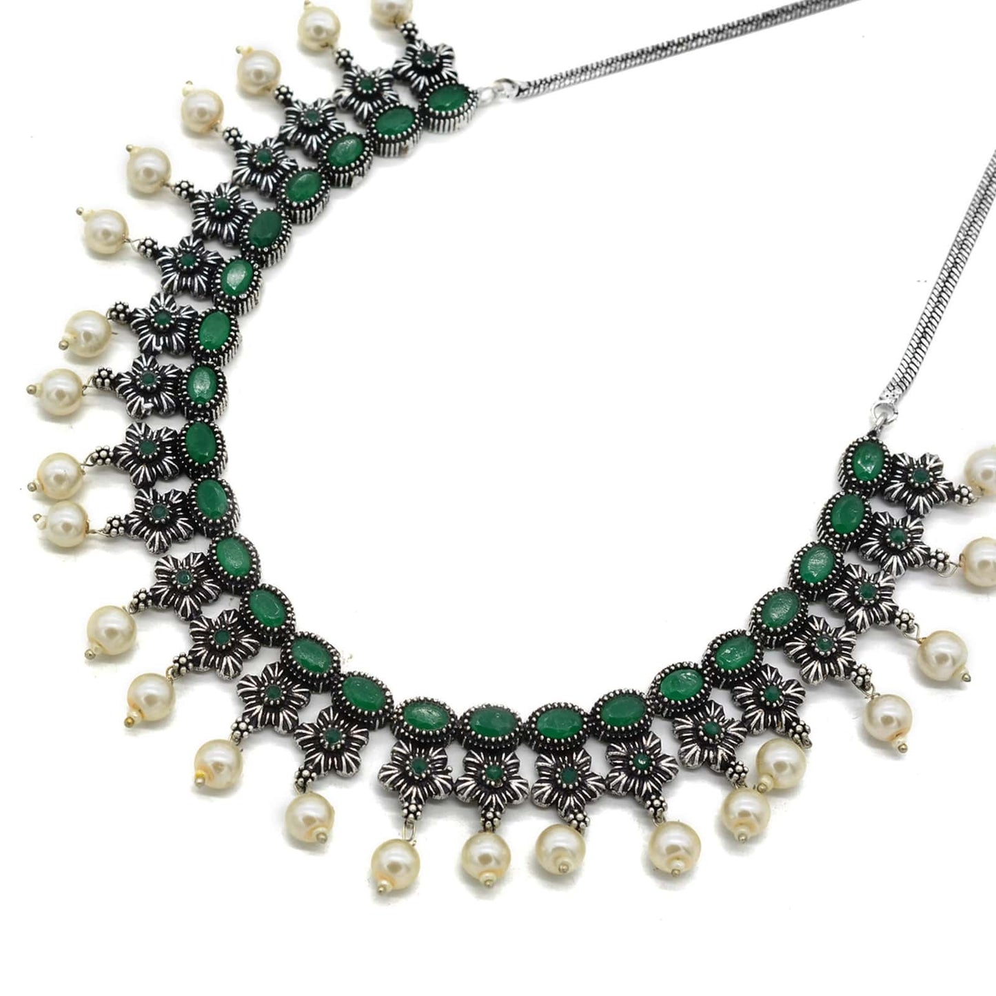 Ekladh Green Stone Silver Pearl Necklace Set - Teejh