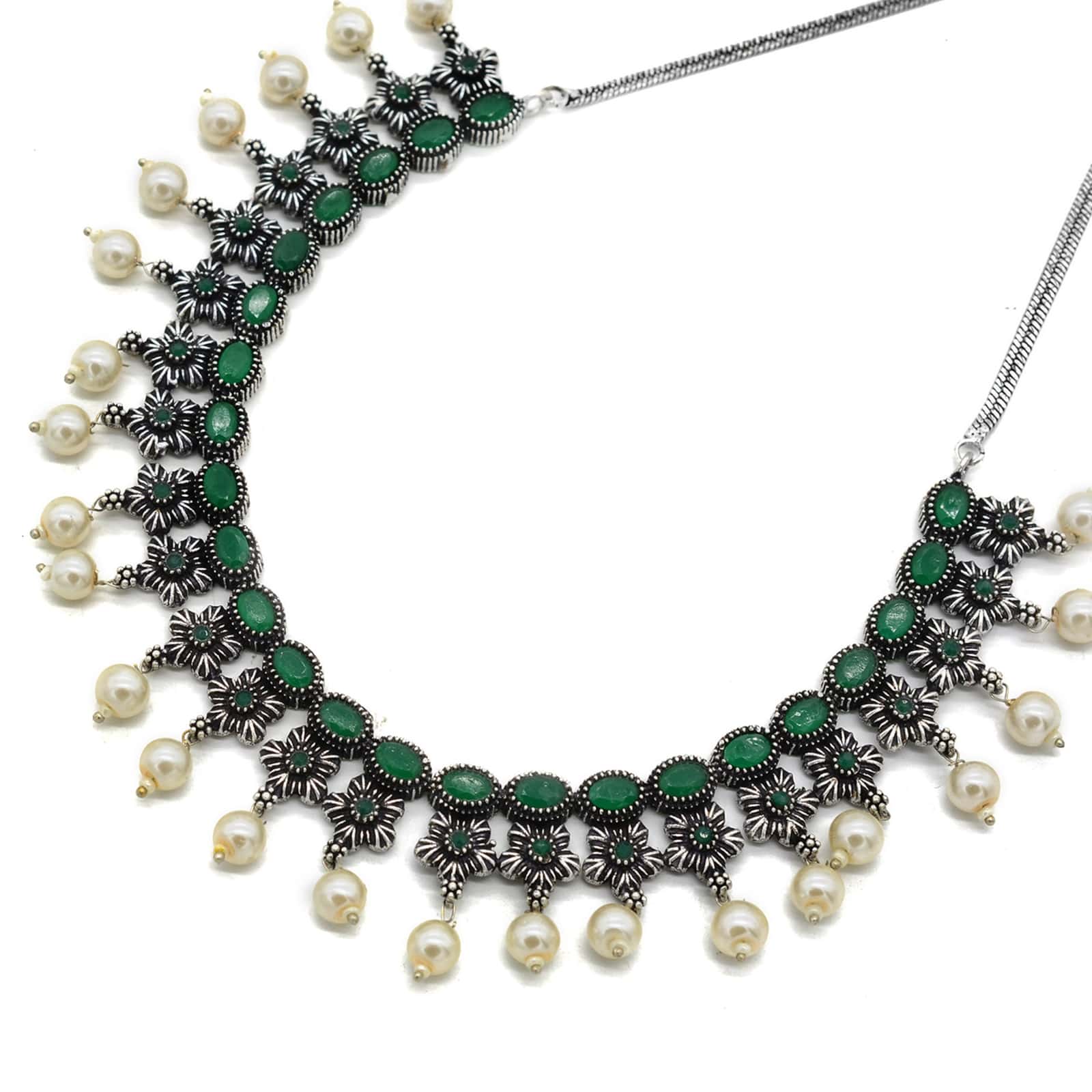 Ekladh Green Stone Silver Pearl Necklace Set - Teejh