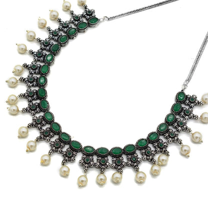 Ekladh Green Stone Silver Pearl Necklace Set - Teejh