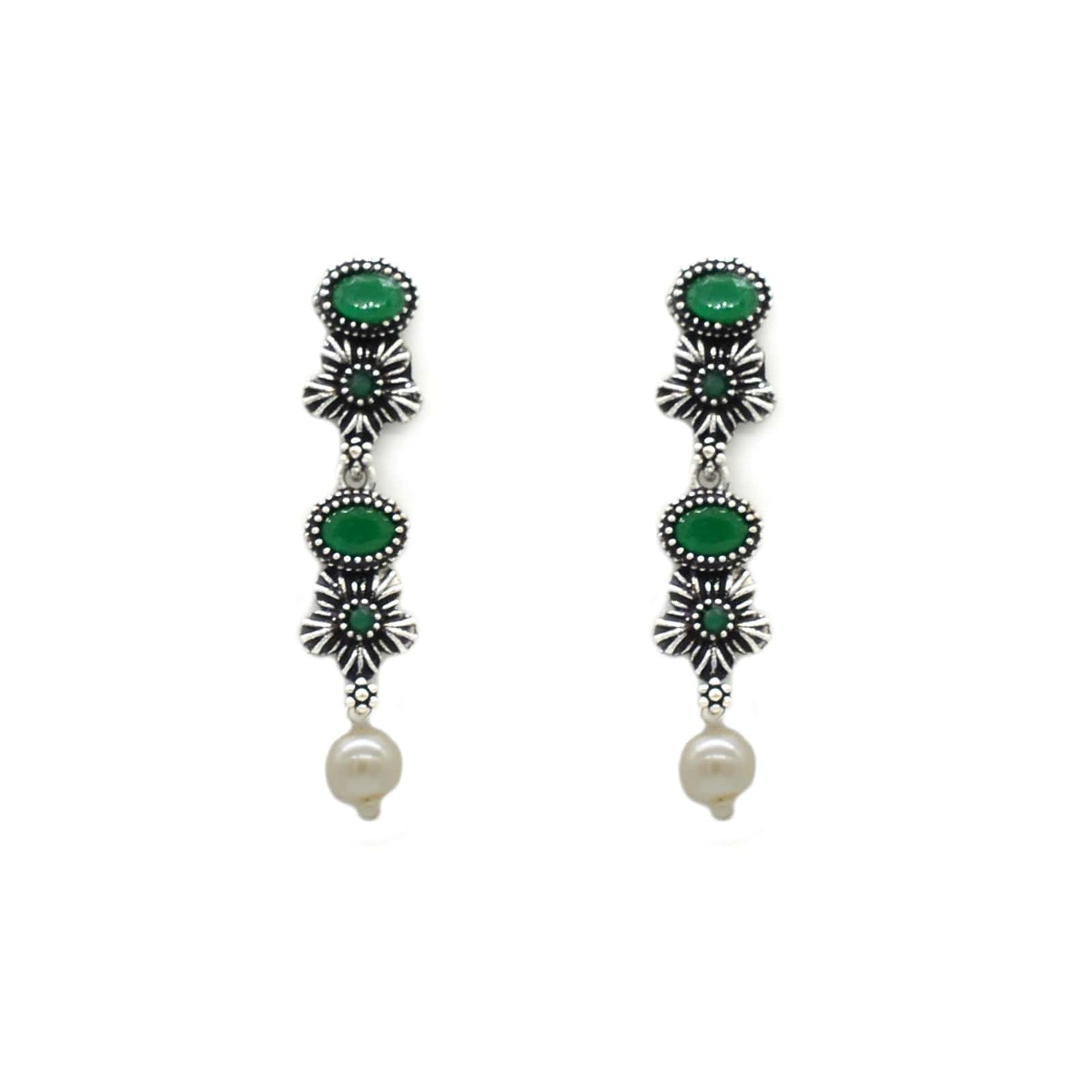 Ekladh Green Stone Silver Pearl Necklace Set - Teejh