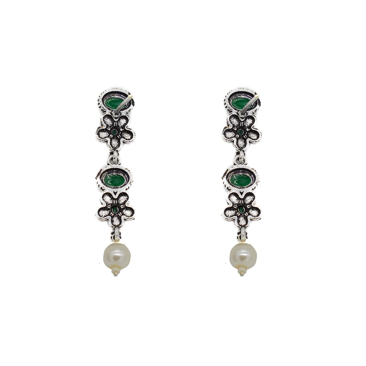 Ekladh Green Stone Silver Pearl Necklace Set - Teejh