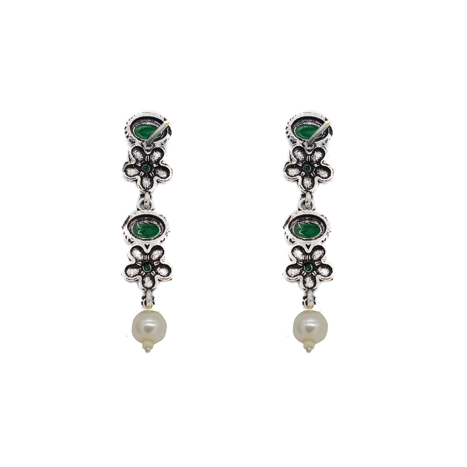 Ekladh Green Stone Silver Pearl Necklace Set - Teejh