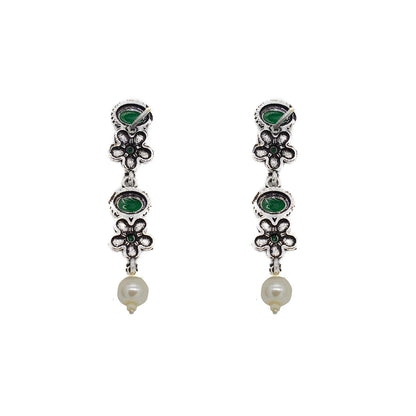 Ekladh Green Stone Silver Pearl Necklace Set - Teejh